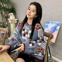 Japanese-style Retro Color-Block Heart Sweater Knitted Top
