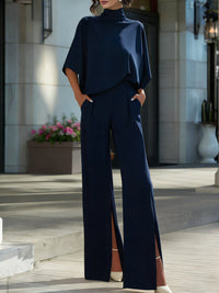 Womens Solid-Color Semi-High Neck Top And High-Waisted Wide-Leg Pants With Side Slits Outfit