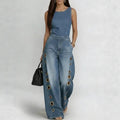 High-waisted Loose-fit Cutout Metal-detail Denim Jumpsuit