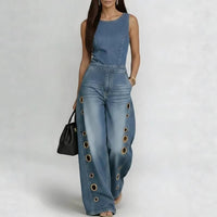 High-waisted Loose-fit Cutout Metal-detail Denim Jumpsuit