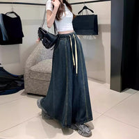 Elastic Waist Drawstring Dark Blue Denim Skirt For Women