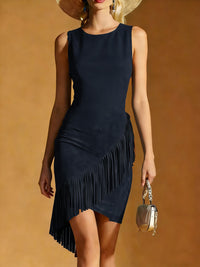 Western Wind Womens Summer Elegant Silk-Satin Texture Tasseled Hem Sleeveless Tank Dress