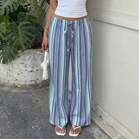 Draped Blue And White Striped Wide-leg Pants With An Elastic Waistband