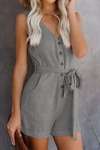 Women Playsuit Summer V Neck Sleeveless Button Belt Bow Casual Jumpsuit Solid Romper Elegant Tunic Short Overalls