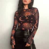Women's Mesh Hollow-Out Butterfly Print Long-Sleeve Base Shirt