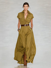 Short-sleeve Shirt-style Long Dress With Pockets