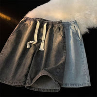 Men's Hong Kong Style Distressed Loose Elastic Waist Denim Shorts