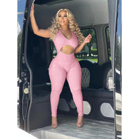 Solid Color Cut-out Deep V Casual Jumpsuit