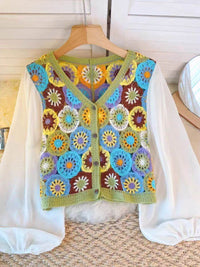 Thai Style Vacation Style Crocheted Hollow Design Knitted Chiffon Patchwork Long Sleeve Retro Slimming V-neck Cardigan For Women