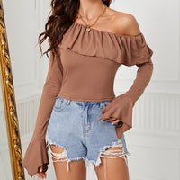 Ruffled-edge Long-sleeve T-shirt Figure-hugging Waist-cinching Base Layer