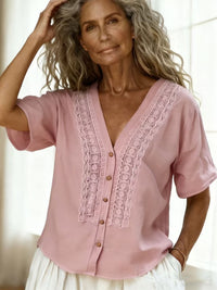Loose-fit Faux Linen Embroidered Button-up Top