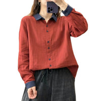 Womens Casual Retro Color-Block Collar Cotton Shirt