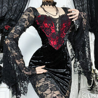 Vampire Chain Long-Sleeve Dress Subculture-Style Lace-Patchwork Maxi Dress