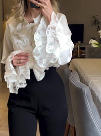 Elegant White Lace Flared Sleeve Shirt