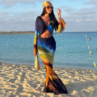 Printed Mesh Long-Sleeve Maxi Dress With Open Back And Tie Details For Women