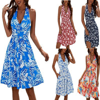 V-Neck Lace-Up Printed Pleated Pocket Dress For Women