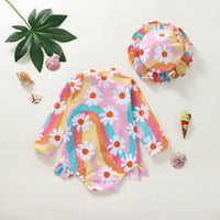 Girls Flower Print Sun Hat Sunscreen Swimsuit Suit