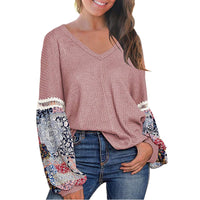 New European And American Autumn And Winter V-neck Waffle Loose Printed Long-sleeved T-shirt