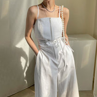 Retro Zipper Design Wide Leg Pants Double Pocket High Waist Straight Sling Jumpsuit Women