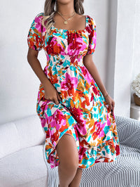 Women's Casual Floral Print Square Neck Short Sleeve Tie Waist Ruffle A-Line Dress