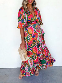 Womens Floral Peacock Lace-Up Swing Dress With Ruffled Hem