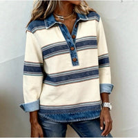 Korean-Style Striped Cable-Knit Preppy-Style Badge Lapel Knit Sweater For Women