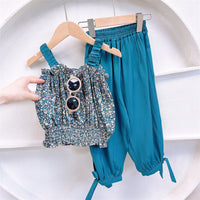 Summer New Korean Version Fashion Floral Suit Suspender Top Trousers Two-piece Set