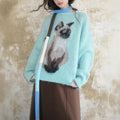 Contrast Color Pullover Cute Cat Brocade Sweater Female