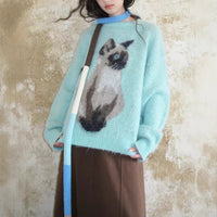 Contrast Color Pullover Cute Cat Brocade Sweater Female