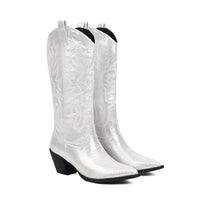Tall Western-style Boots Adorned With Embroidered, Shimmering Fabric