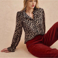 New Womens Casual Leopard-print Stand-collar Long-sleeve Cardigan Shirt