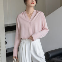 Korean Style Versatile V-neck Long Sleeve Satin Blouse Women's Tops