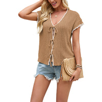 Color-block V-neck Lace-up Short-sleeve Knit Midriff-baring Cardigan
