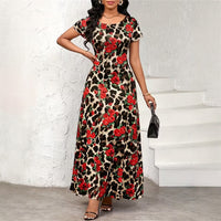 Leopard-Print Rose Floral Fashionable Elegant Waist-Cinching Slimming Dress