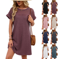 Solid-color Crewneck Lace-panel Loose-fit Short-sleeve Dress