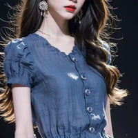 Summer French Blue Puff Sleeve Short Shirt