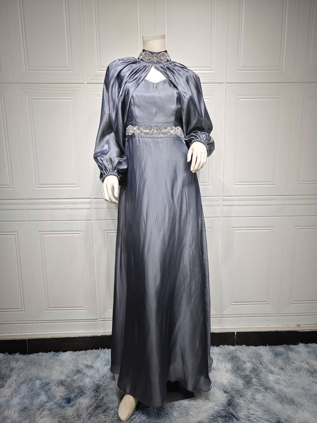 Women's Two-piece Hot Drilling Bright Silk Fashion Satin Robe Abaya