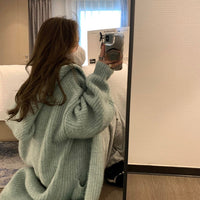 Womens Solid-Color Loose Hooded Sweater Jacket