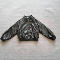 Zipper And Lapel Long Sleeve Loose All-matching Fleece-lined Cropped Leather Coat