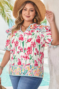 Plus Size Floral Print Striped Trim V Neck Blouse