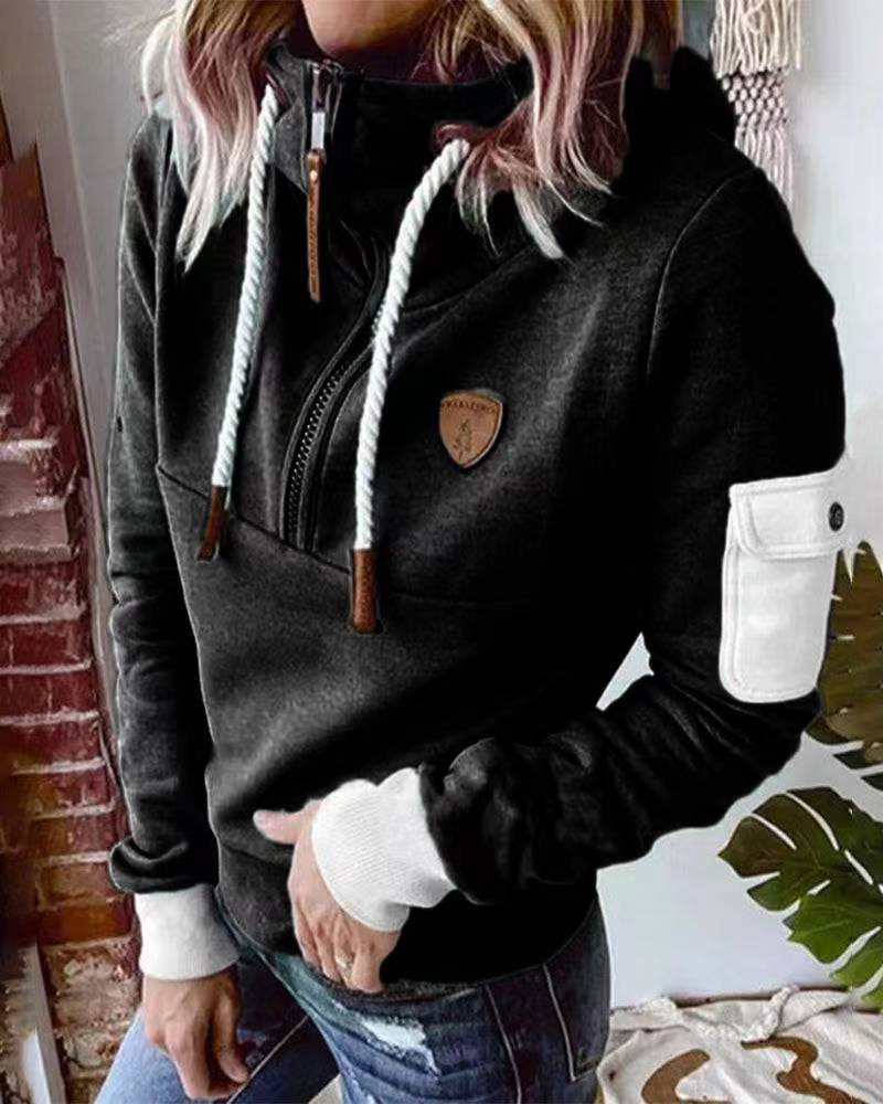 Half Zipper Patchwork Sweater Women