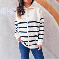 Fashion Loose Button Casual Contrast Color Striped Knitted Sweater