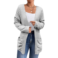 Solid Color Rib Fabric Brushed Pocket Cardigan Long Sleeve Coat