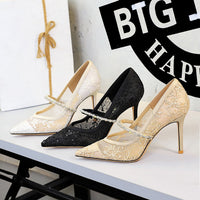 Mesh Rhinestone Pearl Single Strap Stiletto Heels