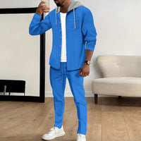 Men's Casual Hooded Color Block Long Sleeve Cardigan Jacket Trousers Suit