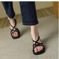 Cross Strap Open Toe Beach Flat Square Toe Soft Bottom Women's Buckle Sandals