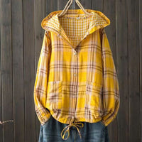 New Korean-style Oversized Artistic Retro Casual Plaid Cotton-linen Double-layer Shirt With A Hood