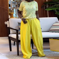 Crew-neck Heart-print Short-sleeve Top And Wide-leg Trousers Set