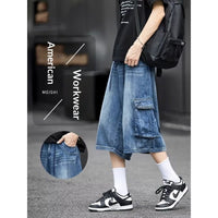 American-style Loose-fit Multi-pocket Workwear Denim Capri Pants