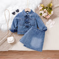 Bow Button Shirt Denim Skirt Set